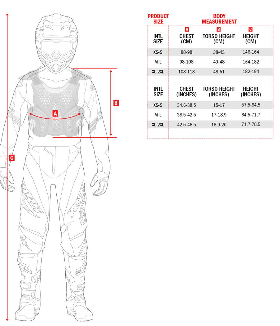 Guide de taille Protections Alpinestars / Alpinestars protections size chart