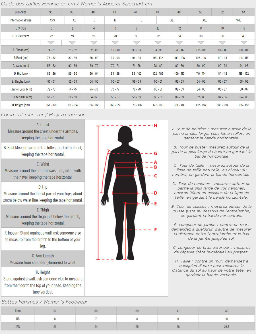 Guide de taille Alpinestars Femme / Alpinestars women size chart