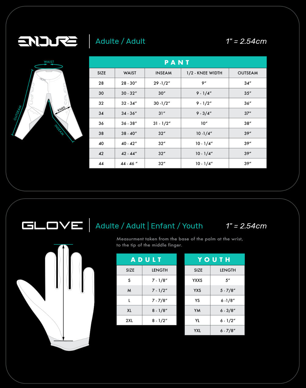 Guide de taille Seven Gants & Endure / Seven size chart Gloves & Endure