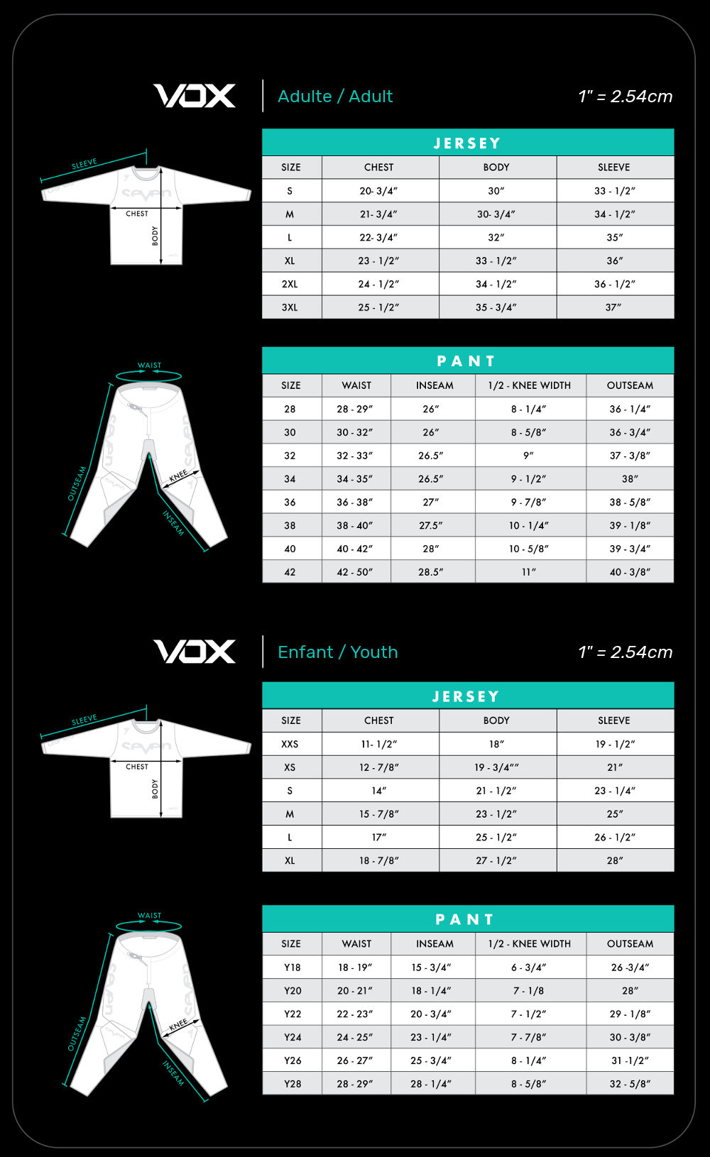 Guide de taille Seven VOX / Seven Size Chart VOX